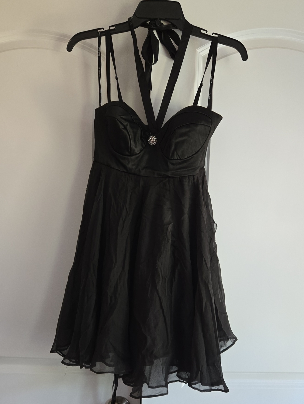 bebe Black Halter Neck Mini Dress with Jewel Accent